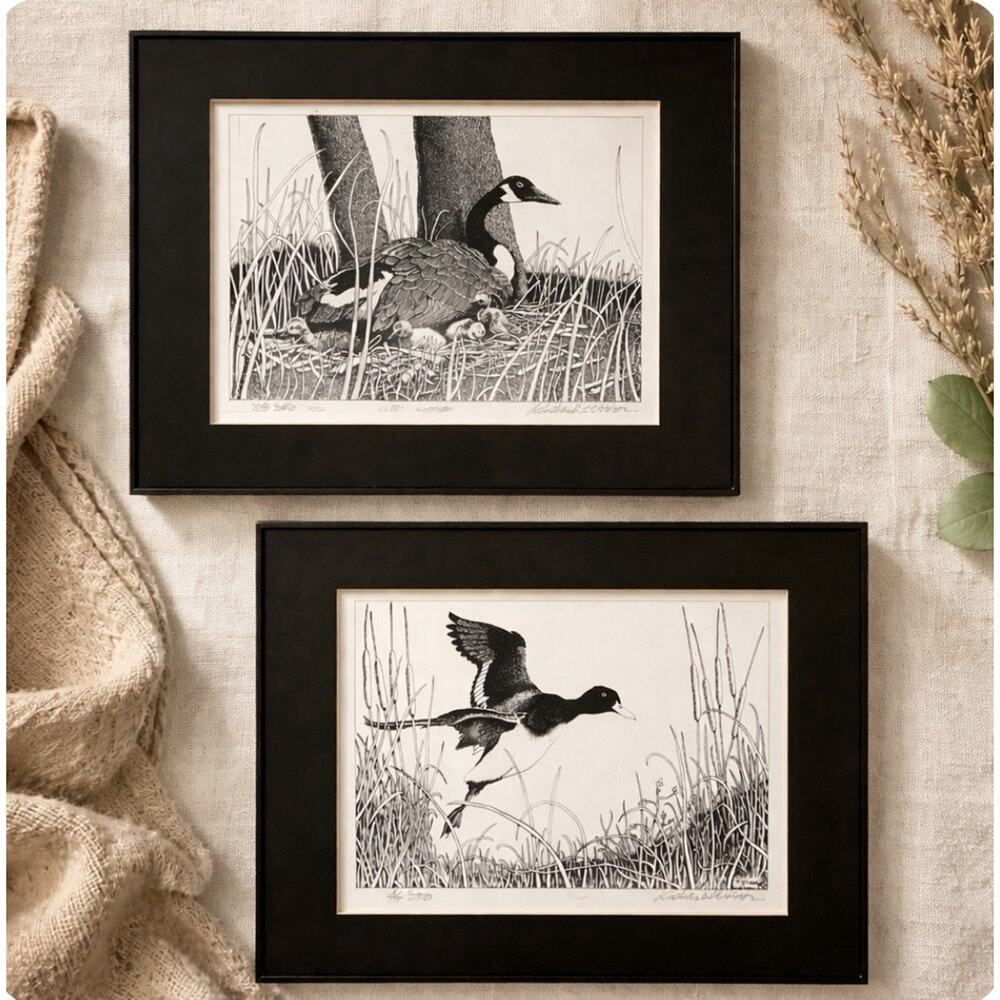 Two Richard Nelson Black/White 8 x 10 Geese And Goslings Numbered Signed Prints